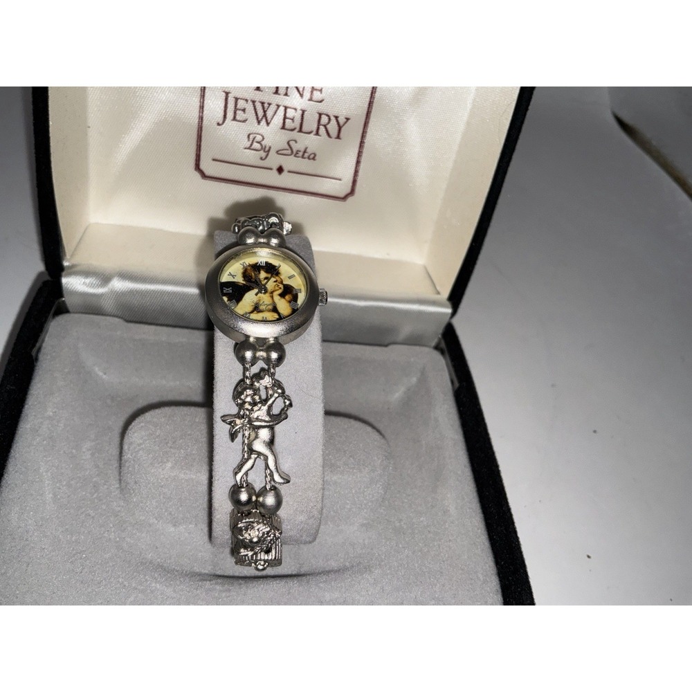 Vintage Lafayette Stainless‎ Steel Cherub Angel Unique Charm Link Watch Bracelet